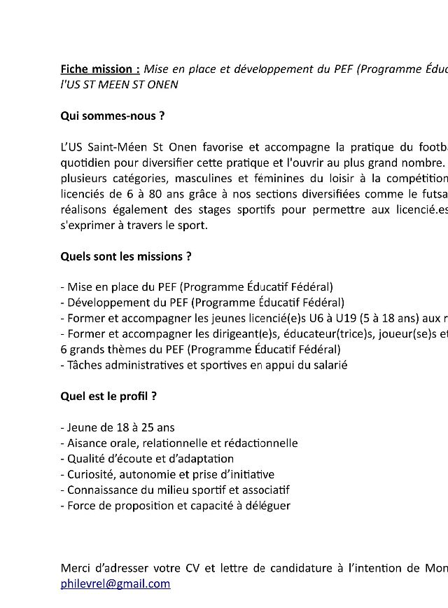 Fiche de poste service civique USSMSO - Appel à candidature
